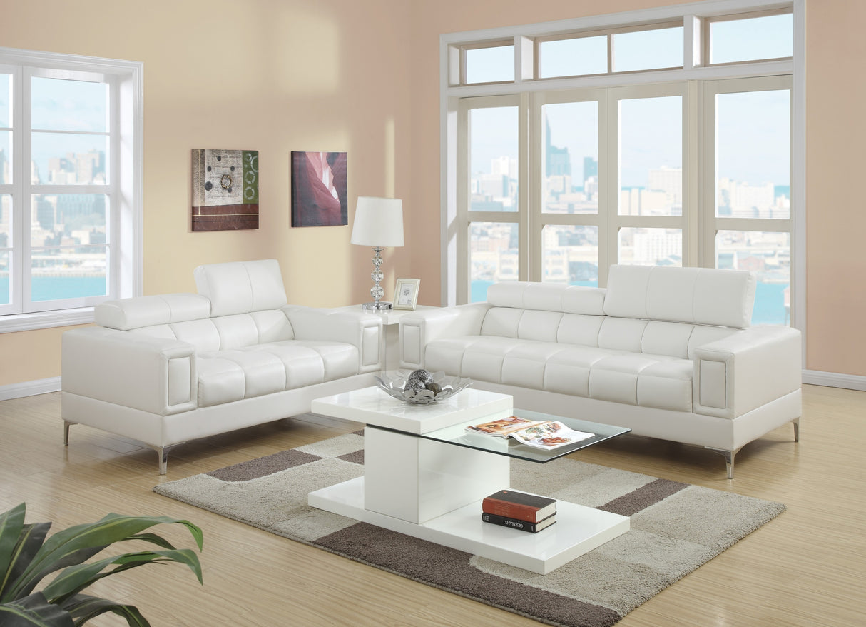 White Faux Leather Living Room 2pc Sofa set Sofa And Loveseat Furniture Couch Unique Design Metal Legs Adjustable Headrest Home Elegance USA