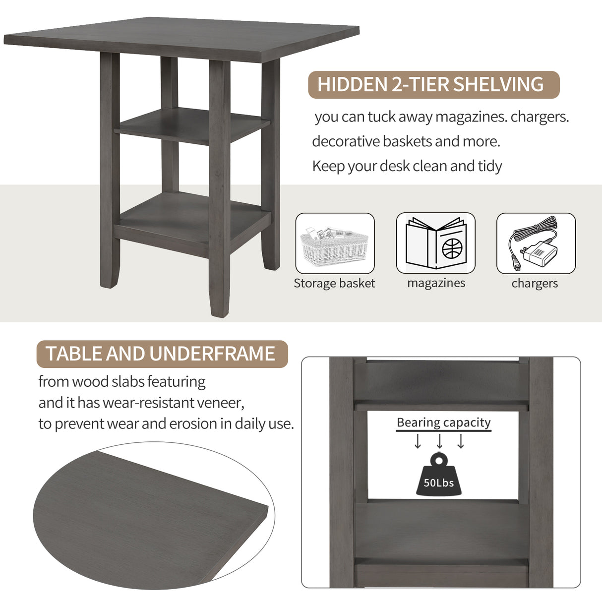 TREXM 5-Piece Wooden Counter Height Dining Set with Padded Chairs and Storage Shelving (Gray) - Home Elegance USA