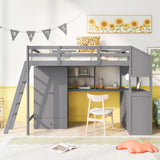 Twin Size Loft Bed with Wardrobe and Drawers, attached Desk with Shelves, Gray - Home Elegance USA