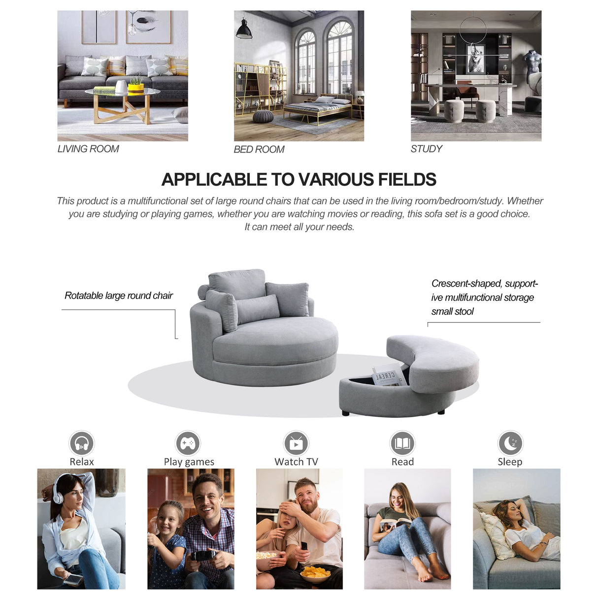 [Video] Welike Swivel Accent Barrel Modern Grey Sofa Lounge Club Big Round Chair with Storage Ottoman Linen Fabric for Living Room Hotel with Pillows .2PCS Home Elegance USA