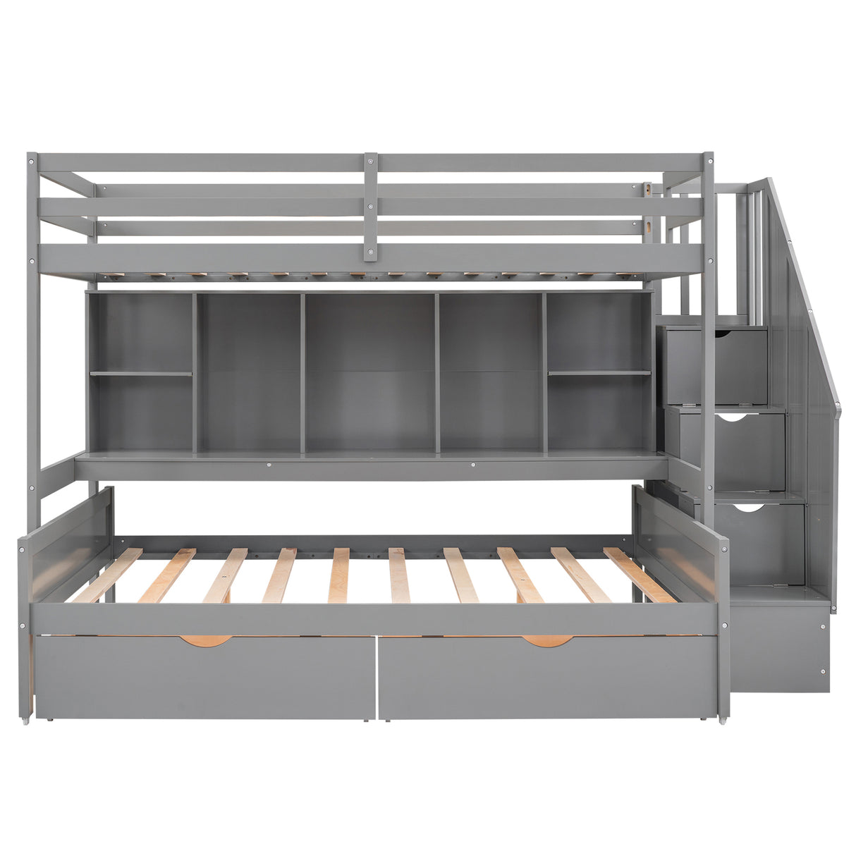 Twin XL over Full Bunk Bed with Built-in Storage Shelves, Drawers and Staircase,Gray - Home Elegance USA