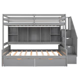 Twin XL over Full Bunk Bed with Built-in Storage Shelves, Drawers and Staircase,Gray - Home Elegance USA