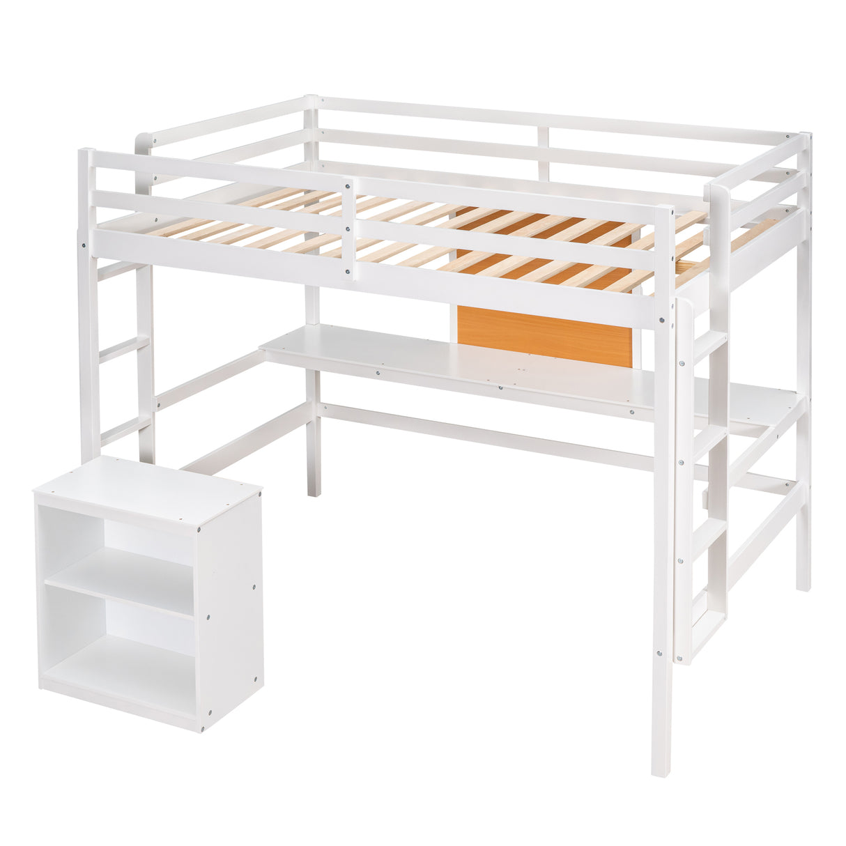 Twin size Loft Bed with Desk and Writing Board, Wooden Loft Bed with Desk & 2 Drawers Cabinet- White - Home Elegance USA