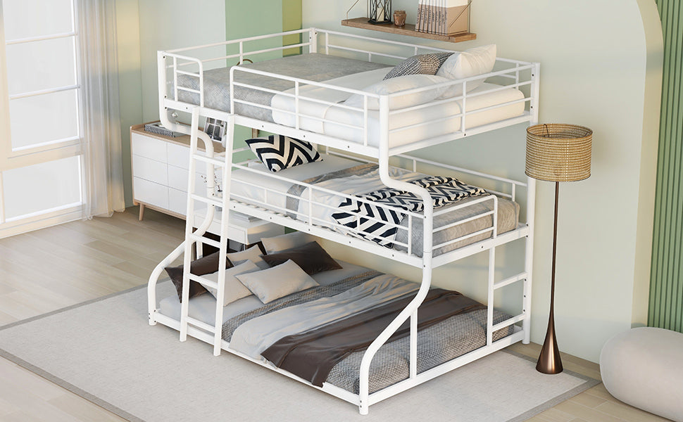 Full XL over Twin XL over Queen Size Triple Bunk Bed with Long and Short Ladder,White - Home Elegance USA