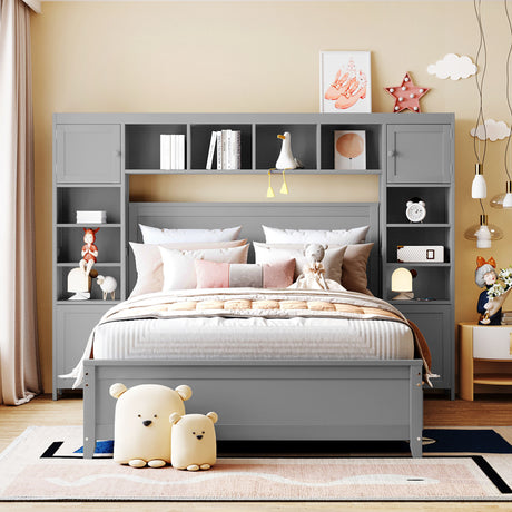 Full Size Wooden Bed With All-in-One Cabinet and Shelf, Gray - Home Elegance USA