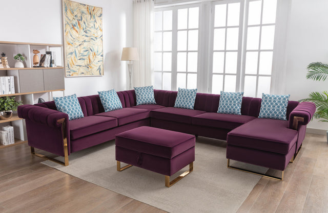 Maddie Purple Velvet 8-Seater Sectional Sofa with Reversible Chaise and Storage Ottoman - Home Elegance USA