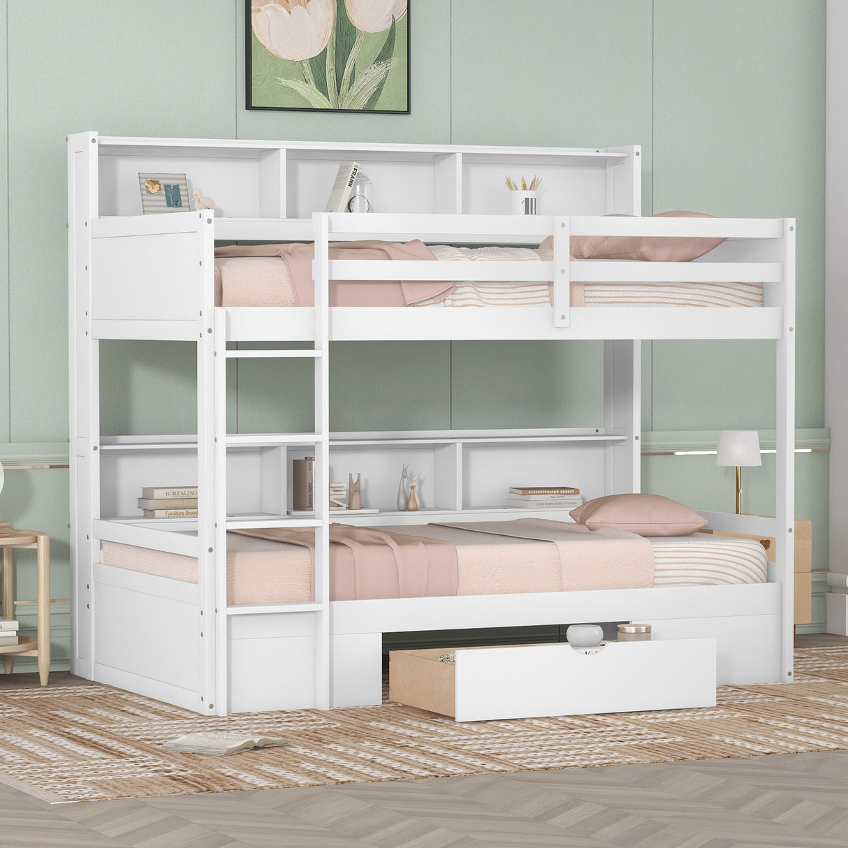 Twin Size Bunk Bed with Built-in Shelves Beside both Upper and Down Bed and Storage Drawer,White - Home Elegance USA