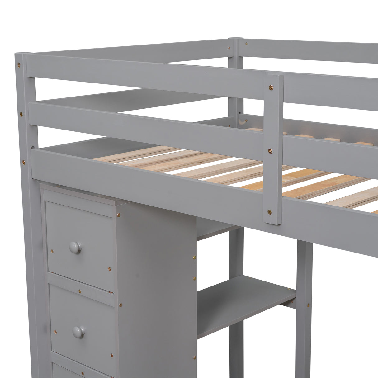 Twin size Loft Bed with Storage Drawers ,Desk and Stairs, Wooden Loft Bed with Shelves - Gray - Home Elegance USA