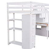 Twin size Loft Bed with Storage Drawers ,Desk and Stairs, Wooden Loft Bed with Shelves - White - Home Elegance USA