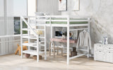 Full Size Loft Bed with Built-in Storage Staircase and Hanger for Clothes,White - Home Elegance USA