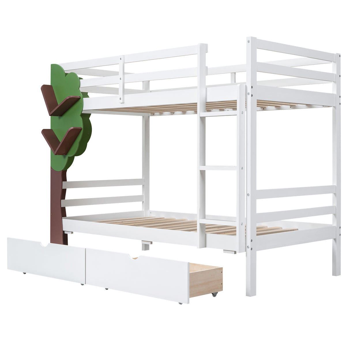 Twin-Over-Twin Bunk Bed with  a Tree Decor and Two Storage Drawers, White - Home Elegance USA