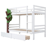 Twin-Over-Twin Bunk Bed with  a Tree Decor and Two Storage Drawers, White - Home Elegance USA