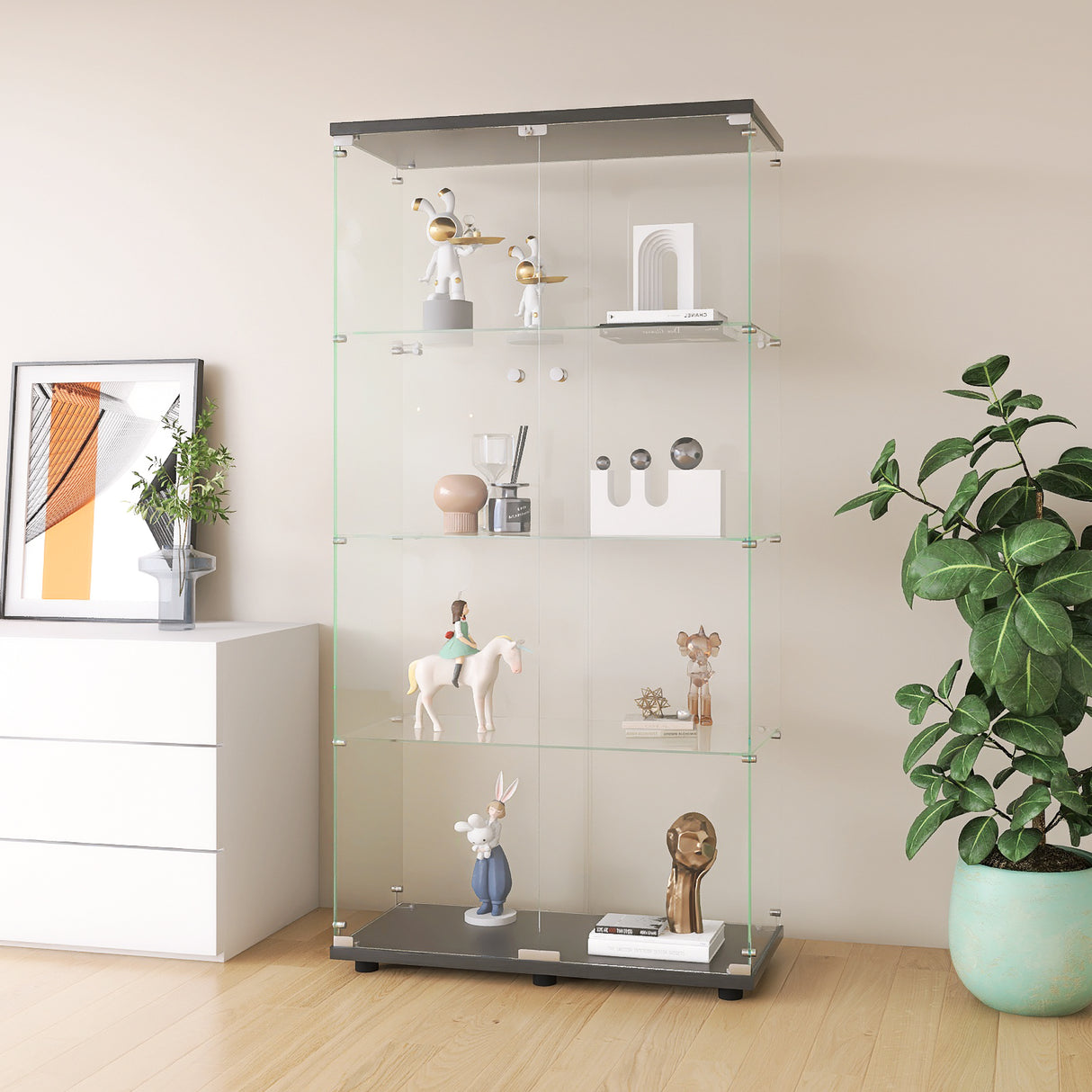 Two-door Glass Display Cabinet 4 Shelves with Door, Floor Standing Curio Bookshelf for Living Room Bedroom Office,  64.7"*31.7"*14.3",Black Home Elegance USA