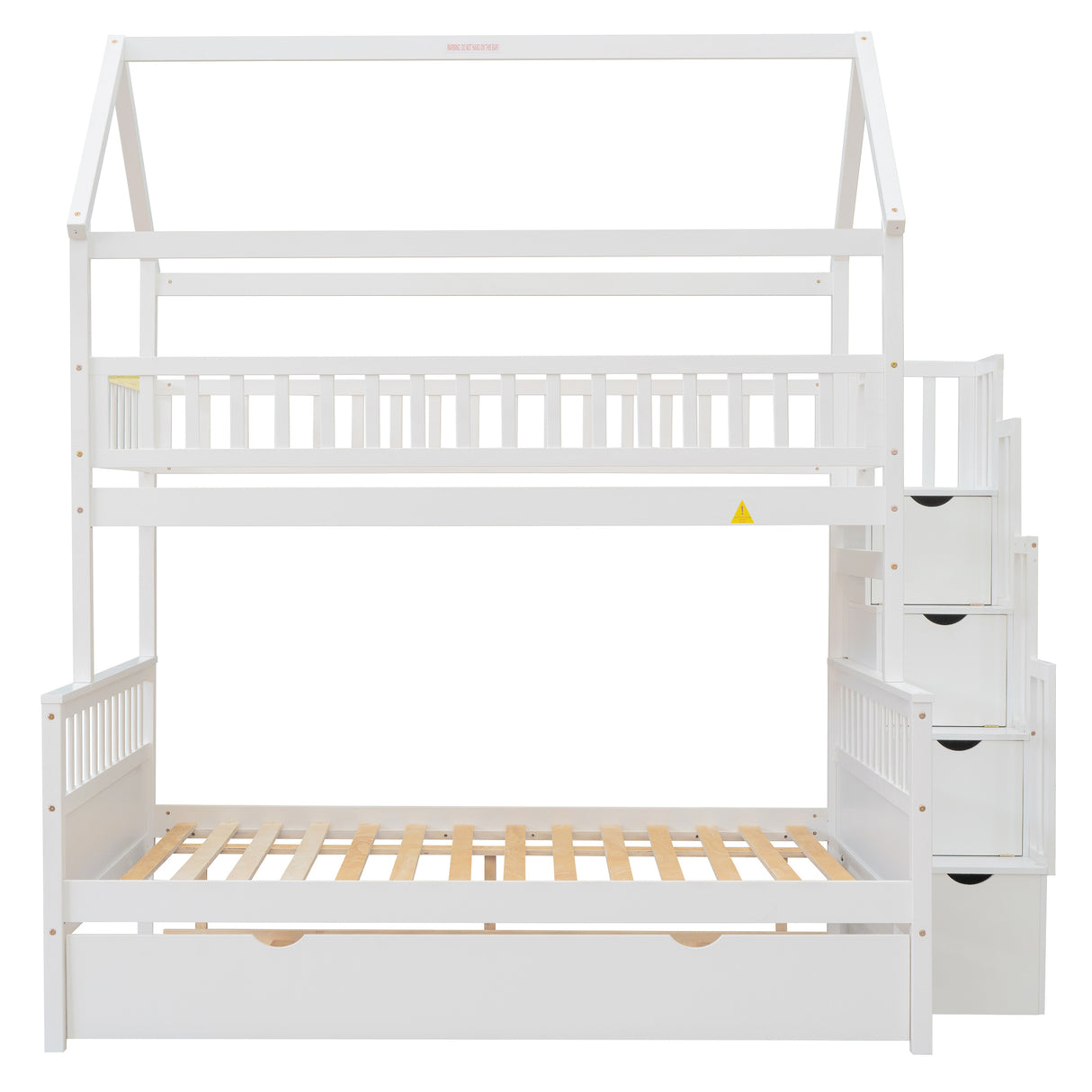 Twin over Full Size House Bunk Bed with Storage Staircase and Trundle,Full-Length Guardrail,White - Home Elegance USA