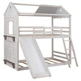Twin Over Twin Bunk Bed Wood Bed with Roof, Window, Slide, Ladder ,Antique White(OLD SKU:LP000059AAK) - Home Elegance USA