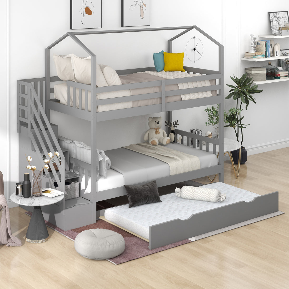 Multifunctional Twin over Twin House Bunk Bed with Staircase and Storage Space,Gray - Home Elegance USA