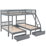 Full Over Twin & Twin Bunk Bed, Wood Triple Bunk Bed with Drawers and Guardrails, Gray (OLD SKU: LP000143AAE) - Home Elegance USA