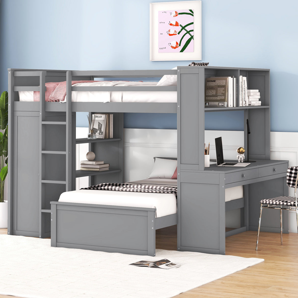 Full size Loft Bed with a twin size Stand-alone bed, Shelves,Desk,and Wardrobe-Gray - Home Elegance USA