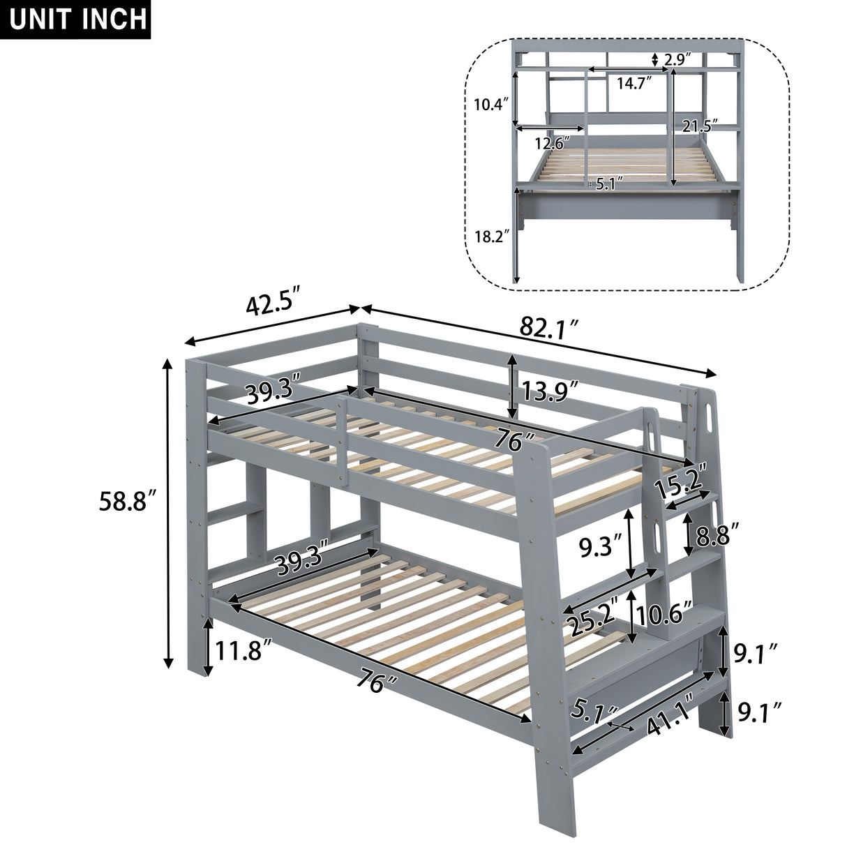 Twin over Twin Bunk Bed with Shelves and Built-in Ladder,  Gray (Expected Arrival Time:8.10) - Home Elegance USA