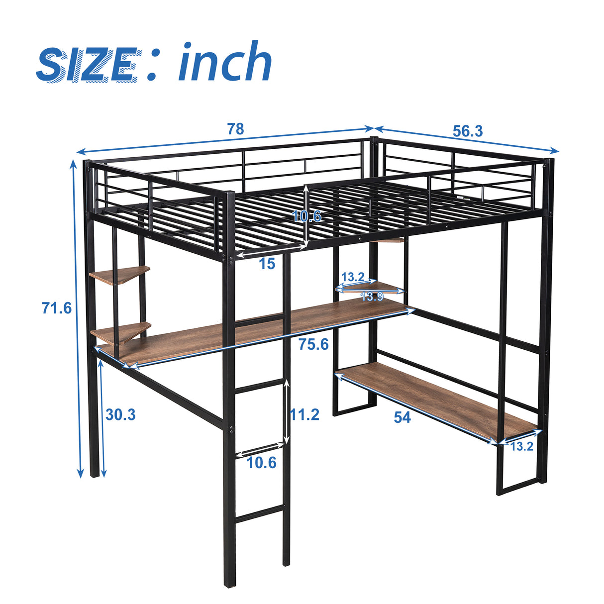 Full Size Loft Metal&MDF Bed with Long Desk and Shelves,Black - Home Elegance USA