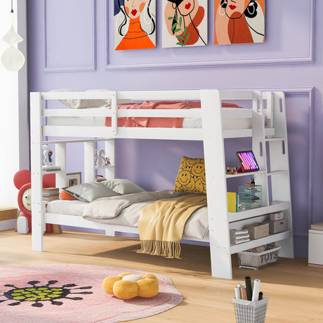 Twin over Twin Bunk Bed with Shelves and Built-in Ladder,  White (Expected Arrival Time:8.10) - Home Elegance USA