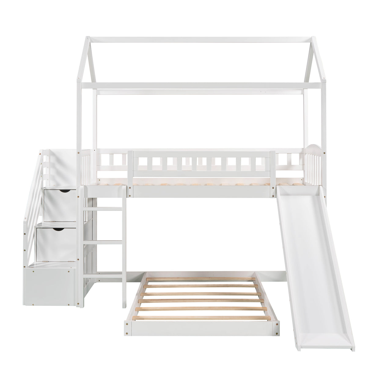 Twin Over Twin Bunk Bed with Two Drawers and Slide, House Bed with Slide, White(OLD SKU :LP000129AAK) - Home Elegance USA