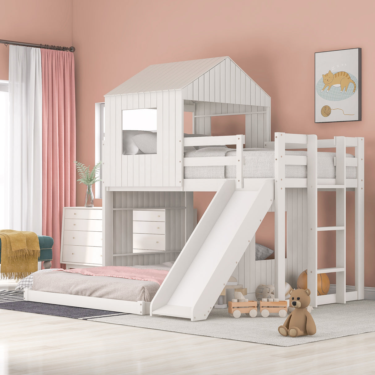 Wooden Twin Over Full Bunk Bed, Loft Bed with Playhouse, Farmhouse, Ladder, Slide and Guardrails, White(OLD SKU :LT000028AAK) - Home Elegance USA