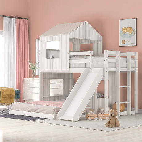 Wooden Twin Over Full Bunk Bed, Loft Bed with Playhouse, Farmhouse, Ladder, Slide and Guardrails, White(OLD SKU :LT000028AAK) - Home Elegance USA