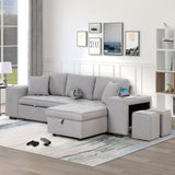 104" Pull Out Sleeper Sofa Reversible L - Shape 3 Seat Sectional Couch with Storage Chaise and 2 Stools for Living Room Furniture Set,Gray - SG000430AAE - image - 3