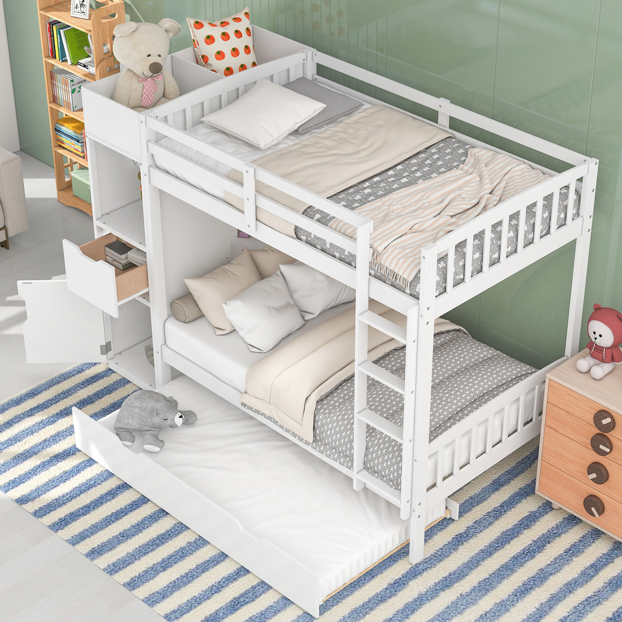 Twin Size Bunk Bed with Trundle and Attached Multifunctional Locker,White - Home Elegance USA