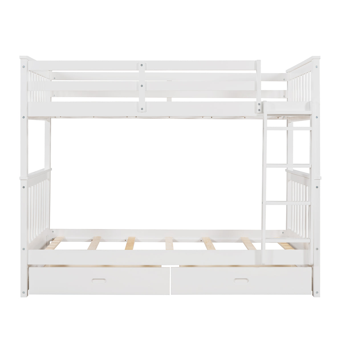 Twin-Over-Twin Bunk Bed with Ladders and Two Storage Drawers (White) - Home Elegance USA