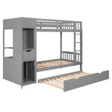 Twin Size Bunk Bed with Trundle and Attached Multifunctional Locker,Gray - Home Elegance USA