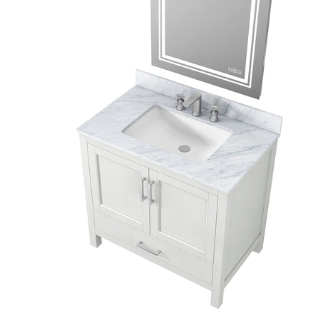 36" White Solid Wood Bathroom Vanity Set with Carrara White Natural Marble, CUPC Ceramic Sink and Three Hole Faucet Hole with Backsplash