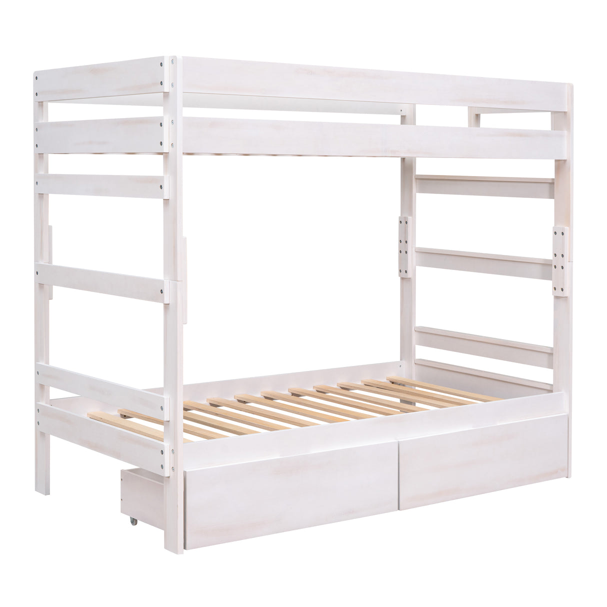 Twin over Twin Wood Bunk Bed with 2 Drawers, White - Home Elegance USA