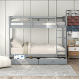 Twin-Over-Twin Bunk Bed with Ladders and Two Storage Drawers (Gray) - Home Elegance USA