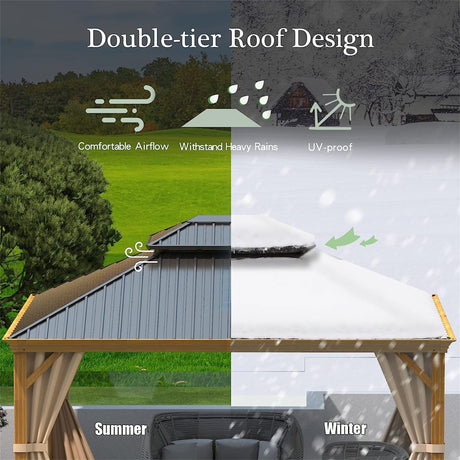 Enhance your outdoor oasis: 10'x12' Wood-Look Hardtop Gazebo with durable aluminum frame, galvanized steel roof, and integrated curtains/netting