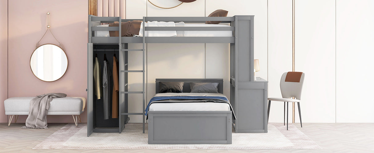 Twin size Loft Bed with a Stand-alone bed, Shelves,Desk,and Wardrobe-Gray - Home Elegance USA