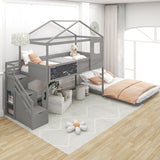 Twin over Full House Bunk Bed with Storage Staircase and Blackboard,Grey - Home Elegance USA