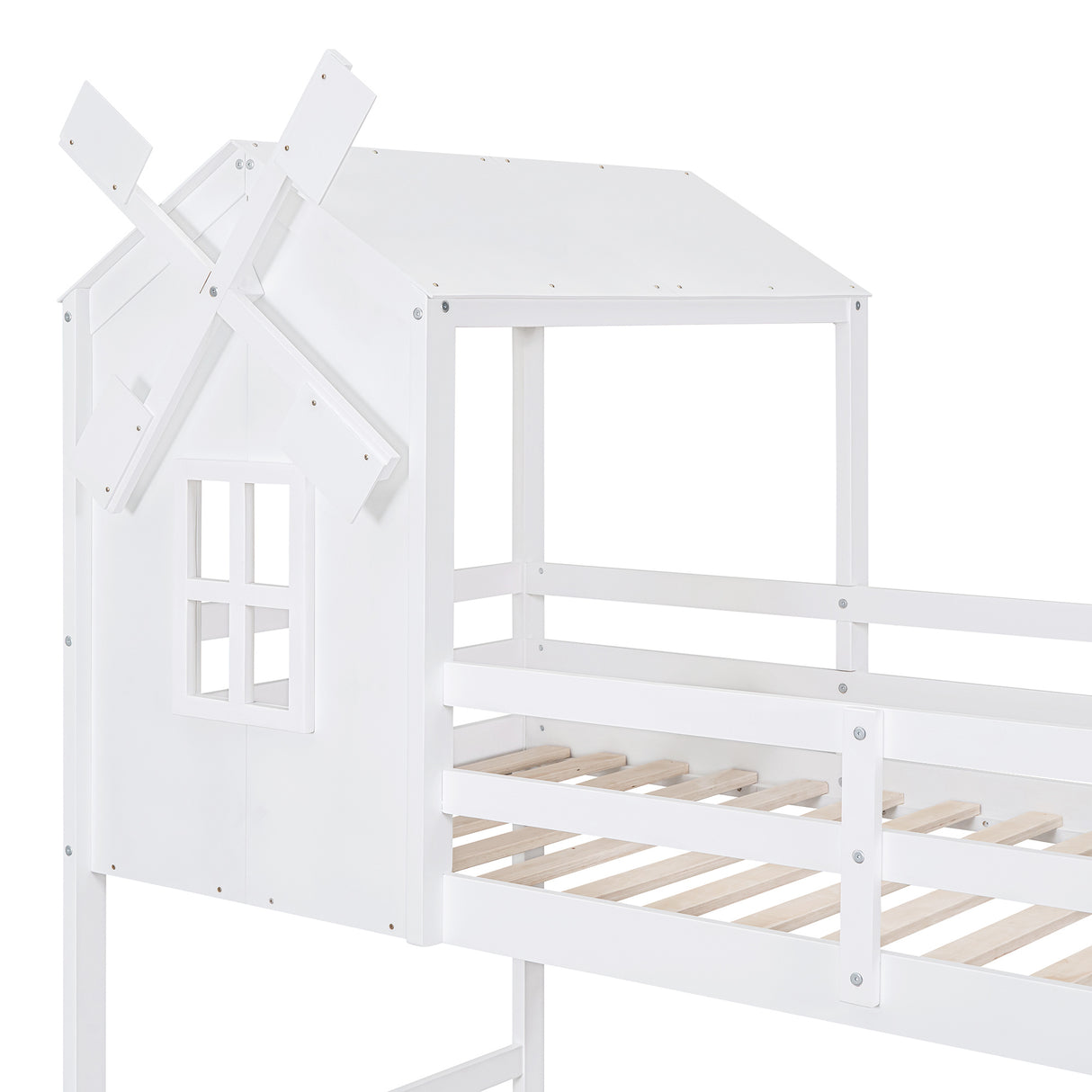 Twin over Twin Bunk Bed with Roof and Window, with Guardrails and Ladder, White - Home Elegance USA