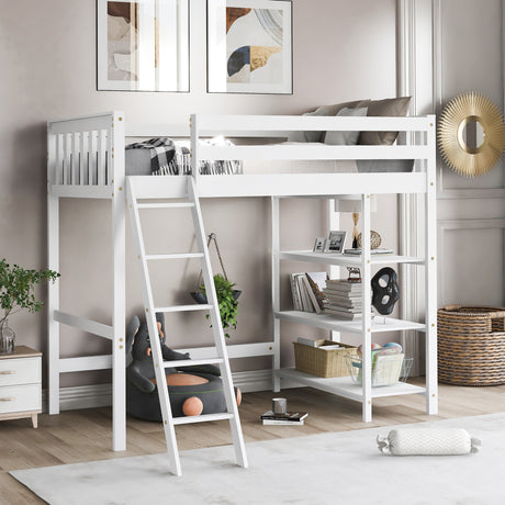 Loft Bed with Storage Shelves, Pine Wooden Loft Bed , No Box Spring Needed,Twin,White - Home Elegance USA