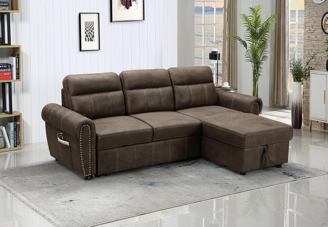 Hugo Brown Reversible Sleeper Sectional Sofa Chaise with USB Charger - Home Elegance USA