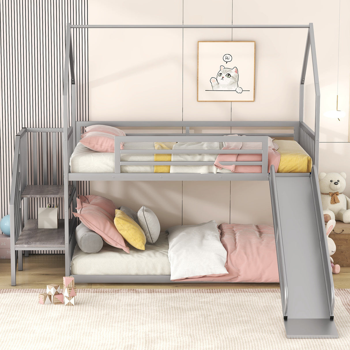 Twin over Twin Metal Bunk Bed House Bed with Slide and Staircase, Silver - Home Elegance USA