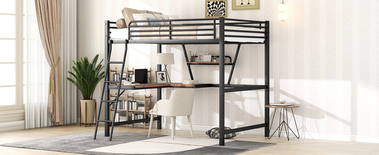 Full Size Loft Metal&MDF Bed with Desk and Shelf, Black