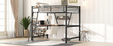 Full Size Loft Metal&MDF Bed with Desk and Shelf, Black