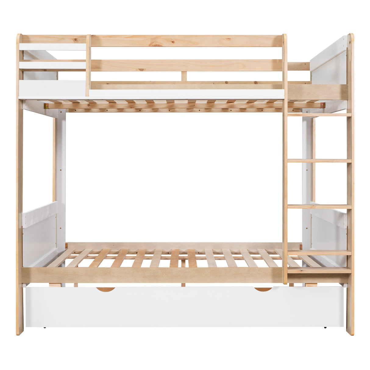 Full over Full Bunk Bed with Storage Shelves, Twin Size Trundle and Ladder, White - Home Elegance USA