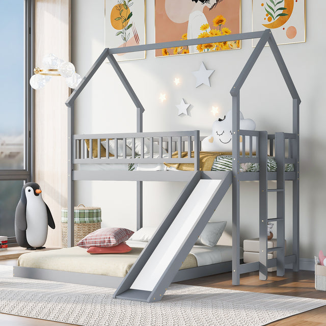 Twin over Full House Bunk Bed with Slide and Built-in Ladder, Full-Length Guardrail, Gray (Expected Arrival Time:8.10) - Home Elegance USA