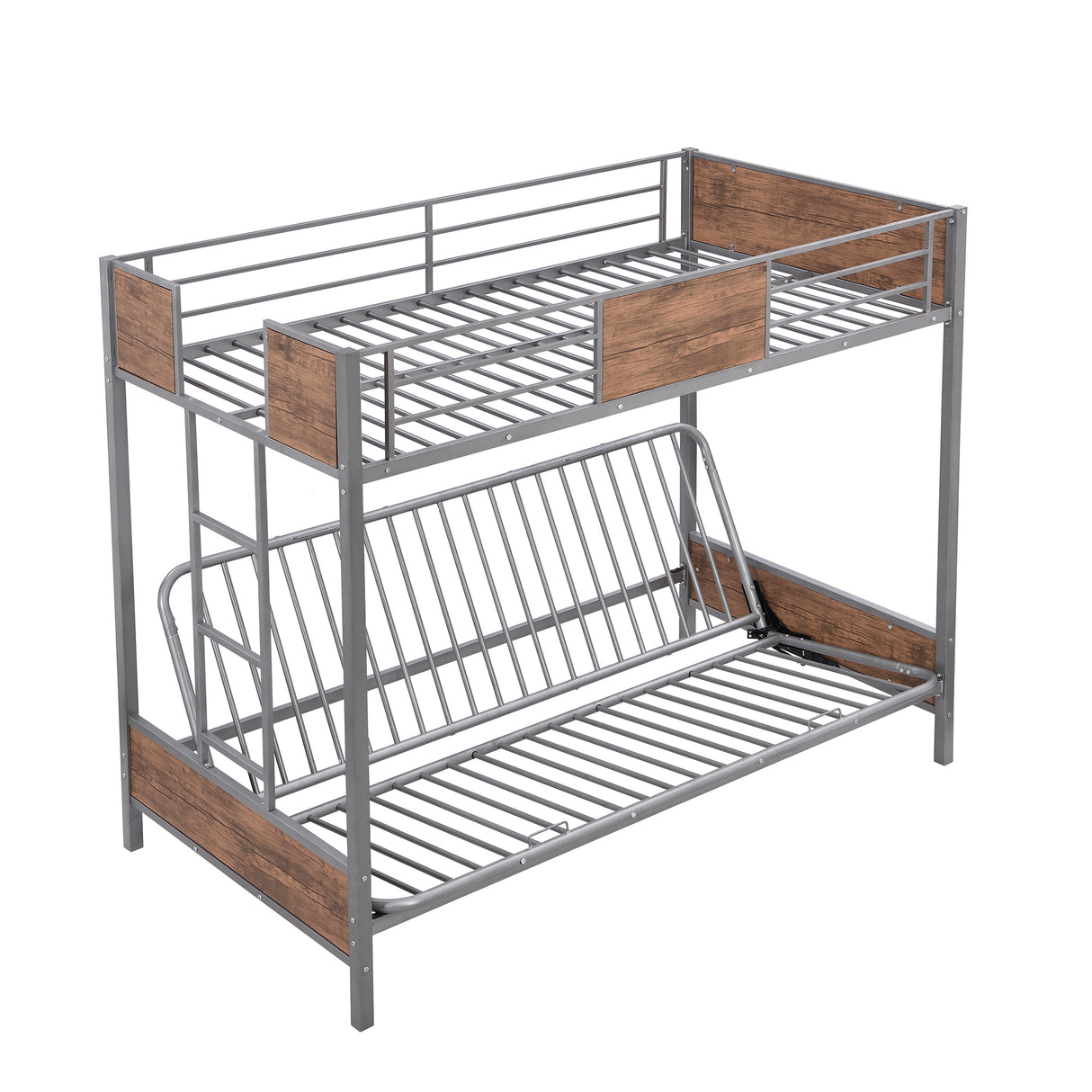 Twin-Over-Futon Bunk Bed, Metal Futon Bunk Bed Frame with Guardrails and Ladder(Gray)(OLD SKU:LP000096AAE) - Home Elegance USA