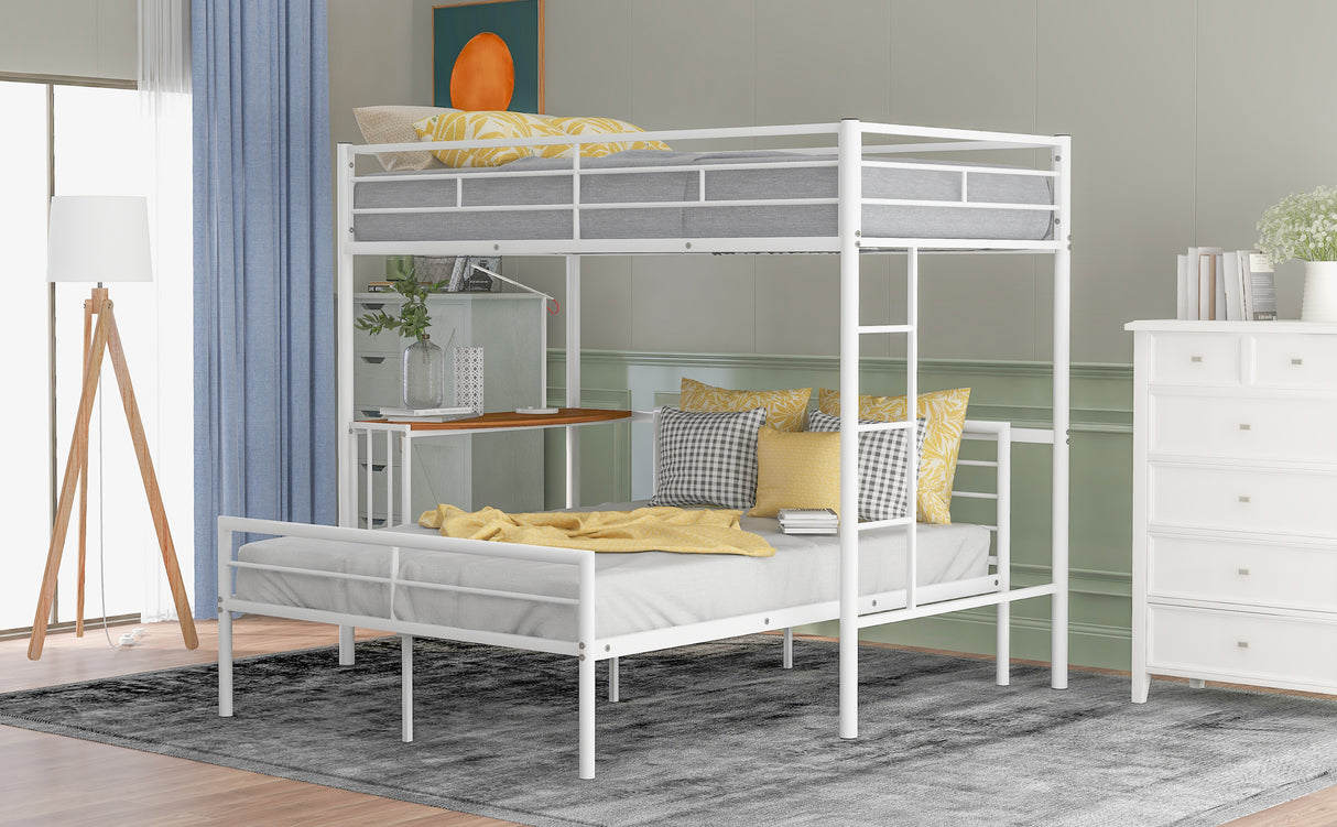 Twin Over Full Metal Bunk Bed with Desk, Ladder and Quality Slats for Bedroom, Metallic  White（OLD SKU :LP000092AAK） - Home Elegance USA