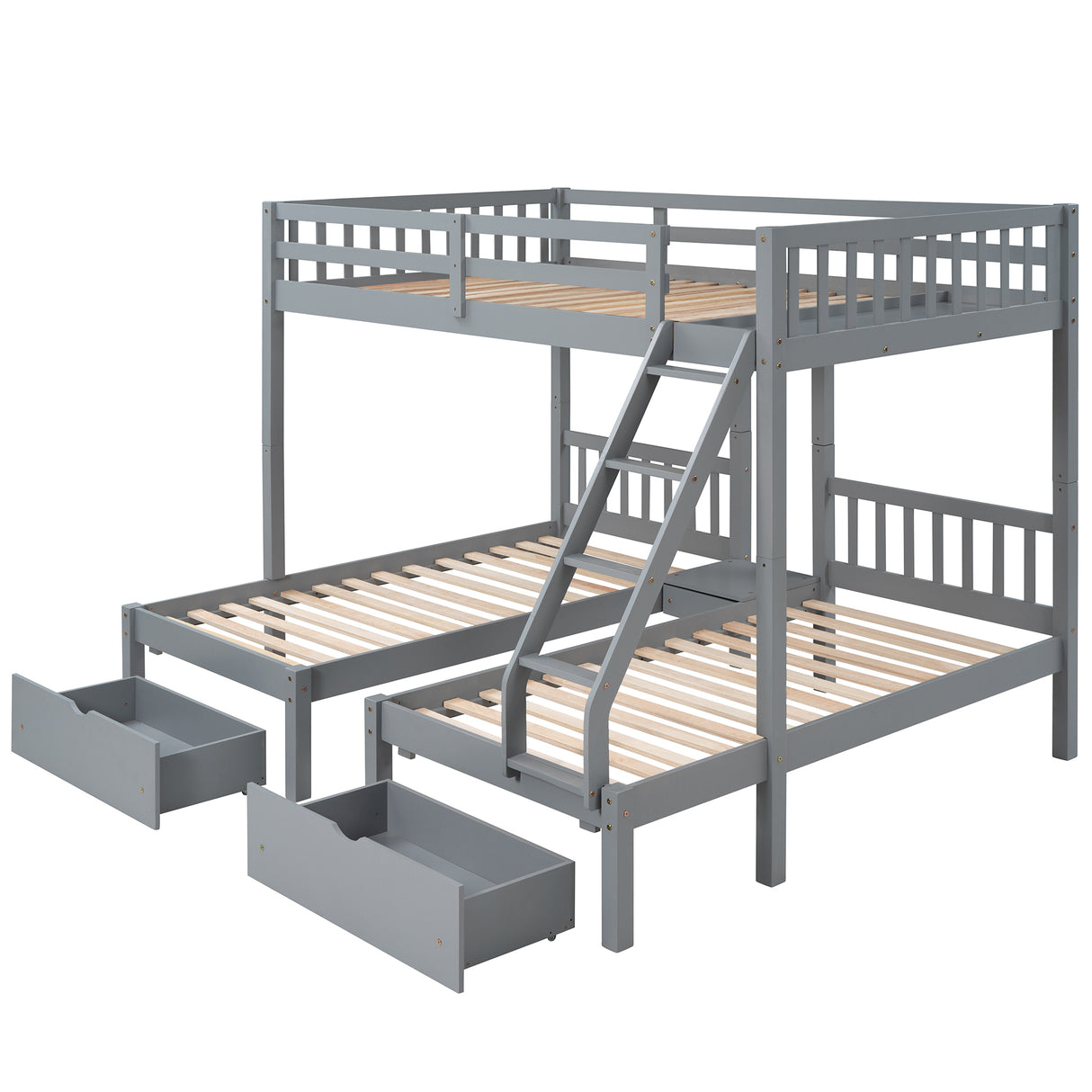 Full Over Twin & Twin Bunk Bed, Wood Triple Bunk Bed with Drawers and Guardrails, Gray (OLD SKU: LP000143AAE) - Home Elegance USA