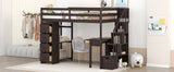 Twin size Loft Bed with Storage Drawers ,Desk and Stairs, Wooden Loft Bed with Shelves - Espresso - Home Elegance USA